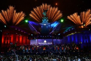 Fireworks light up the stage at the end of the Queen