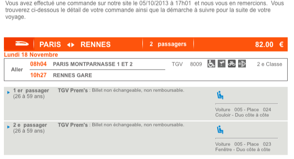 Email de confirmação SNCF - bilhete de trem