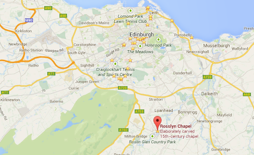 Localização de Rosslyn Chapel em relação a Edimburgo