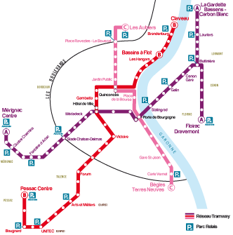 Mapa das linhas de tram de Bordeaux